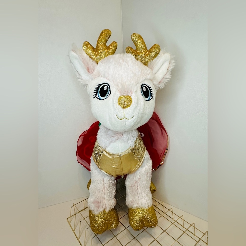 Build A Bear ARCTIC PINK Reindeer Plush Winter Gold Sparkle Stuffed Toy W/ Dress